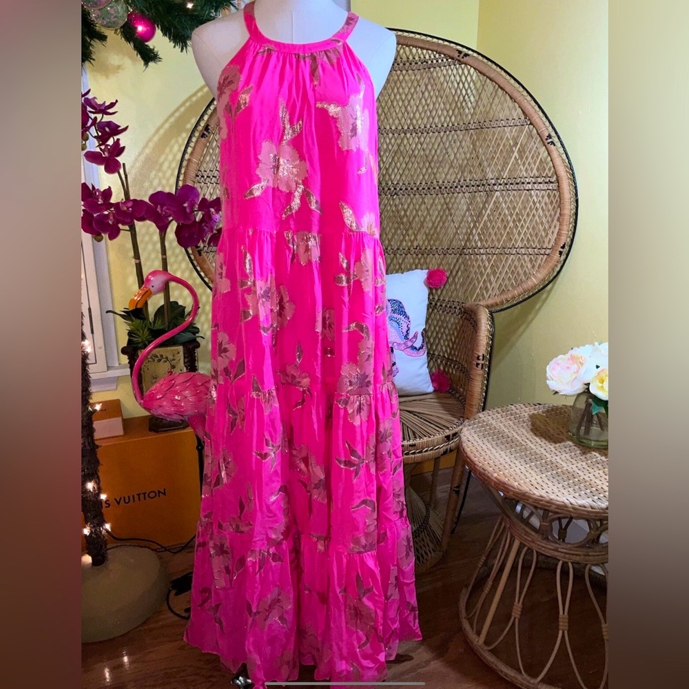 Lilly Pulitzer NWT Beccalyn Maxi Dress Roxie Pink Anniversary Silk Clip Size M - Picture 1 of 9